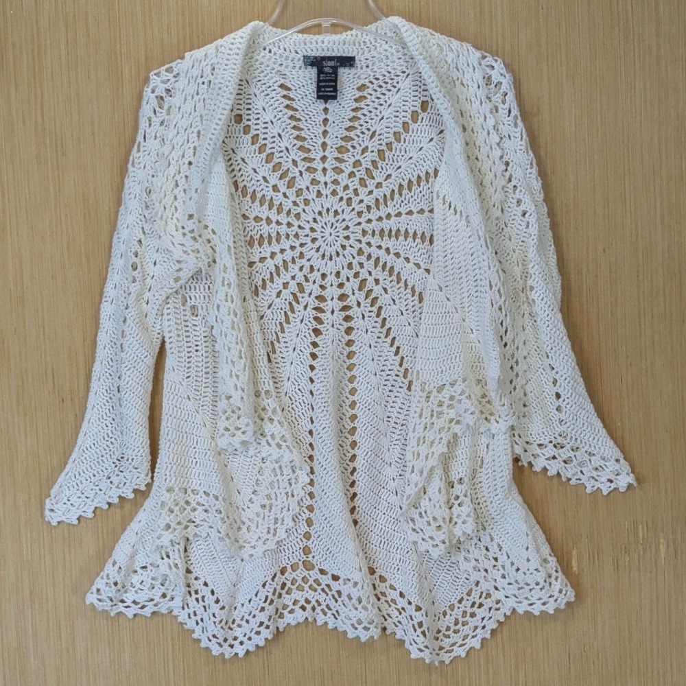 Sioni Womens Boho Indie Crochet Open Front Cardigan Size L/XL White Cotton Blend